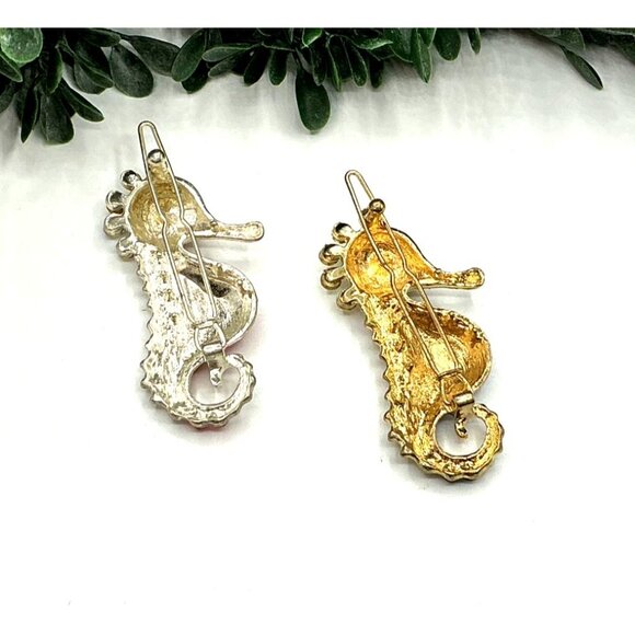 Vintage hair barrettes Seahorse Brooch Pair With Rhinestones and Enamel Coating - Picture 5 of 5
